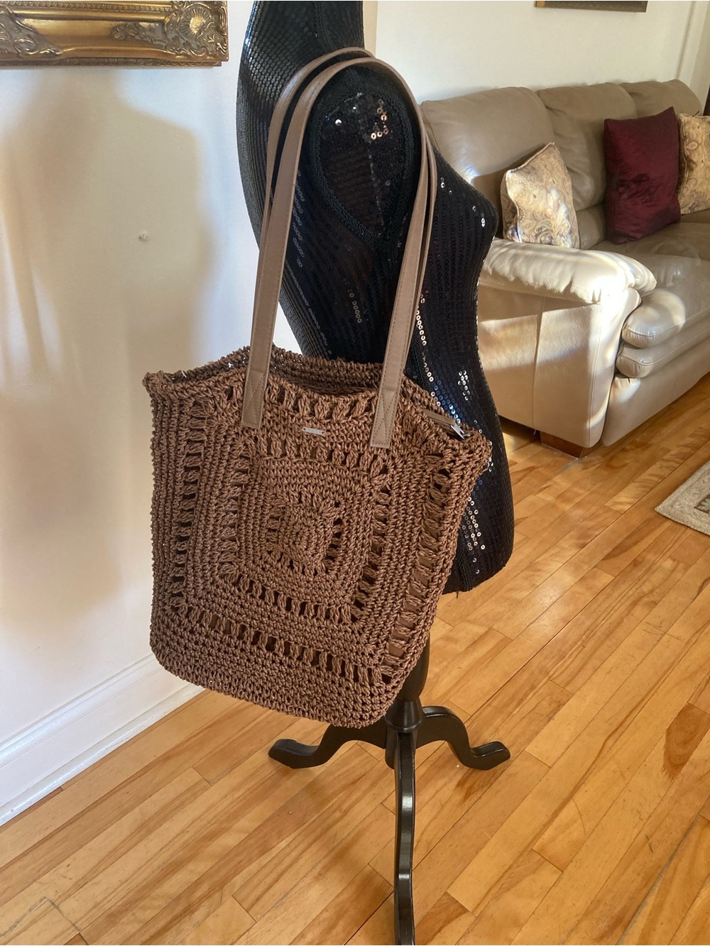 Roxy Chocolate Brown Crochet Rattan Tote Bag with Shoulder Straps
